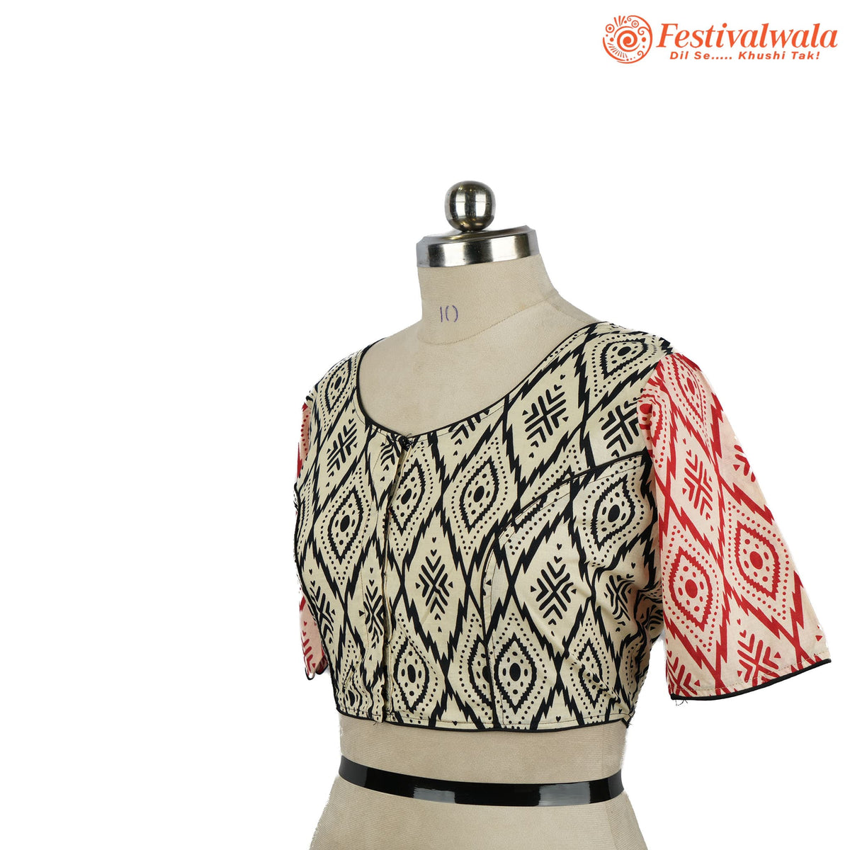 Handmade Ethnic Ajrakh Print Cream, Black and Red Color Blouse Design For Sarees by Festivalwala