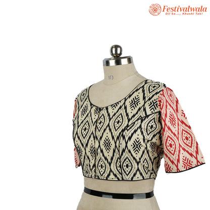 Handmade Ethnic Ajrakh Print Cream, Black and Red Color Blouse Design For Sarees by Festivalwala