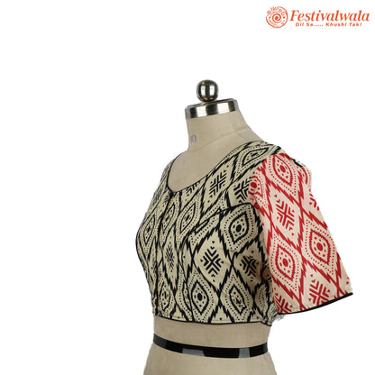 Handmade Ethnic Ajrakh Print Cream, Black and Red Color Blouse Design For Sarees by Festivalwala