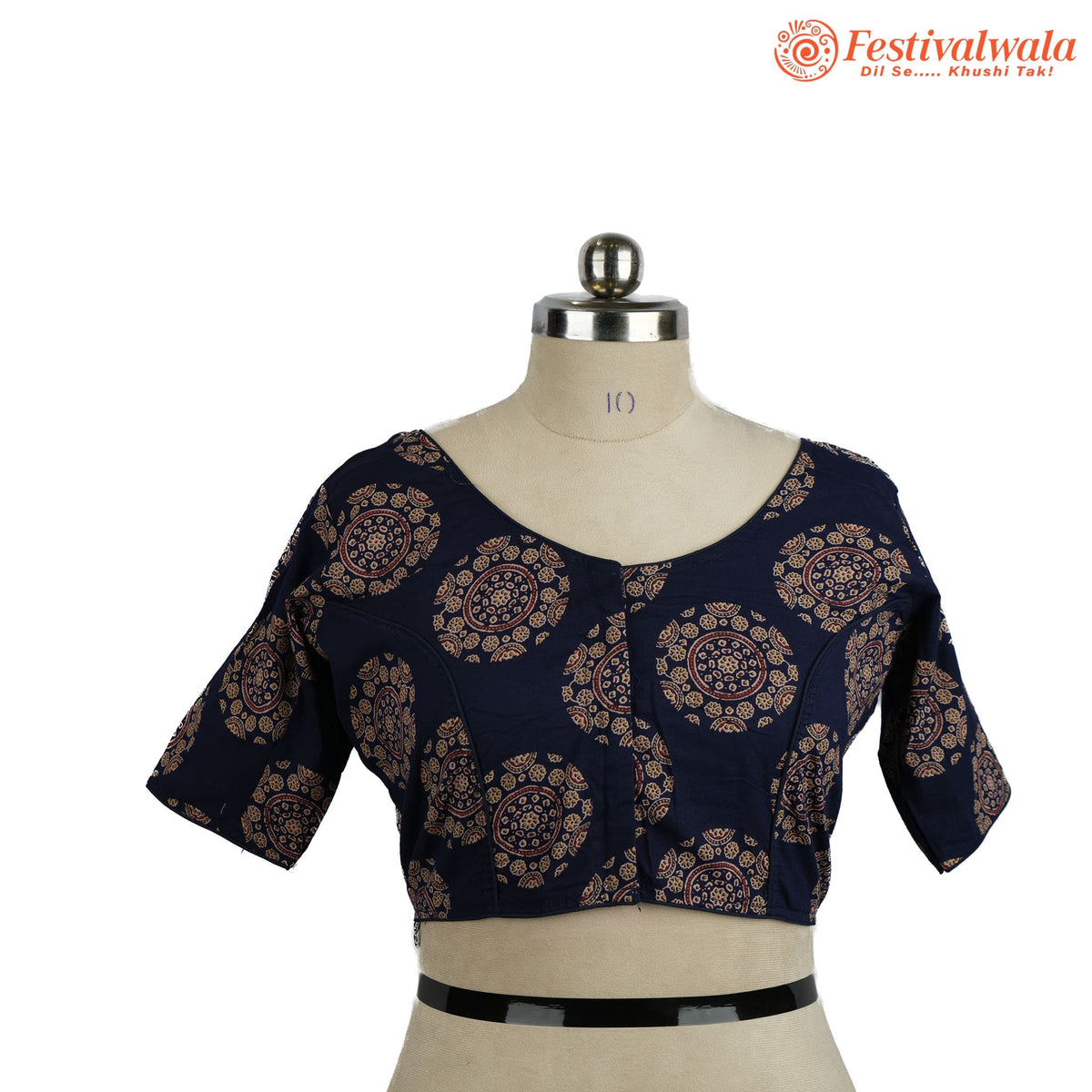 Handmade Ethnic Ajrakh Print Dark Blue and Red Color Blouse Design For Sarees by Festivalwala