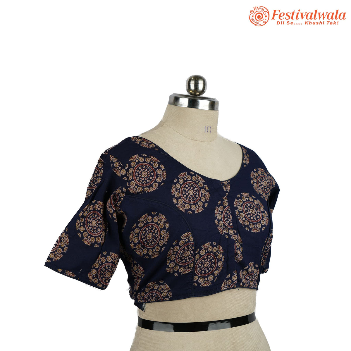Handmade Ethnic Ajrakh Print Dark Blue and Red Color Blouse Design For Sarees by Festivalwala