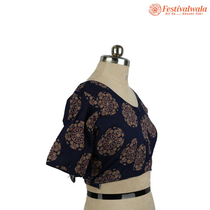 Handmade Ethnic Ajrakh Print Dark Blue and Red Color Blouse Design For Sarees by Festivalwala