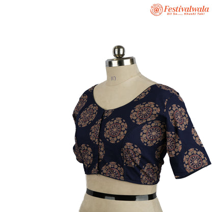 Handmade Ethnic Ajrakh Print Dark Blue and Red Color Blouse Design For Sarees by Festivalwala
