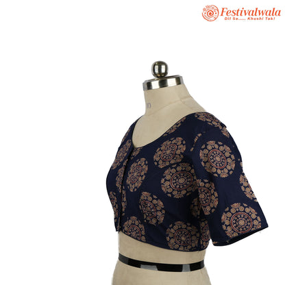 Handmade Ethnic Ajrakh Print Dark Blue and Red Color Blouse Design For Sarees by Festivalwala