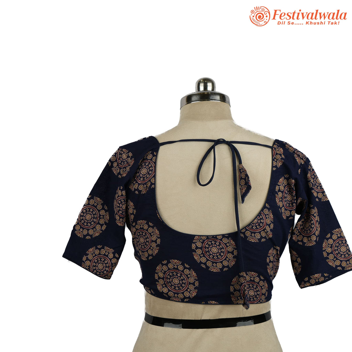 Handmade Ethnic Ajrakh Print Dark Blue and Red Color Blouse Design For Sarees by Festivalwala