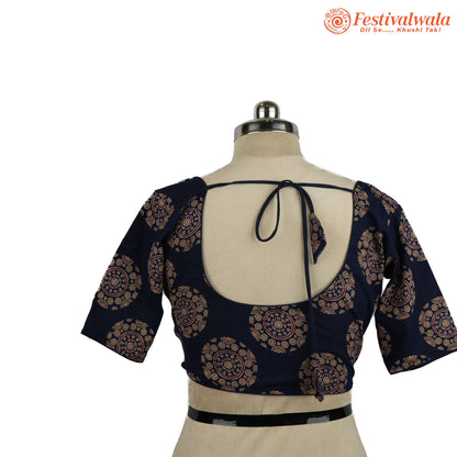 Handmade Ethnic Ajrakh Print Dark Blue and Red Color Blouse Design For Sarees by Festivalwala