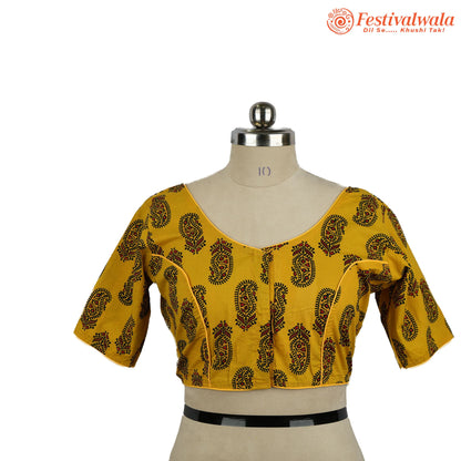 Handmade Ethnic Ajrakh Print Yellow, Black and Red Color Blouse Design For Sarees by Festivalwala