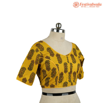 Handmade Ethnic Ajrakh Print Yellow, Black and Red Color Blouse Design For Sarees by Festivalwala