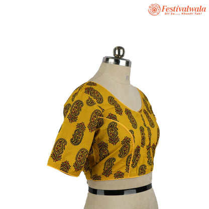 Handmade Ethnic Ajrakh Print Yellow, Black and Red Color Blouse Design For Sarees by Festivalwala