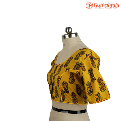 Handmade Ethnic Ajrakh Print Yellow, Black and Red Color Blouse Design For Sarees by Festivalwala