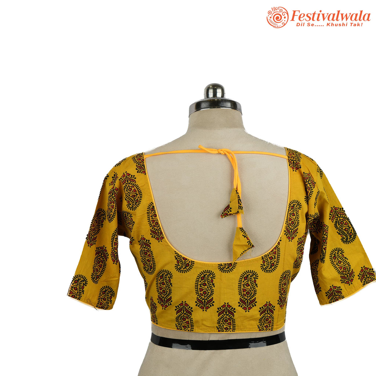 Handmade Ethnic Ajrakh Print Yellow, Black and Red Color Blouse Design For Sarees by Festivalwala