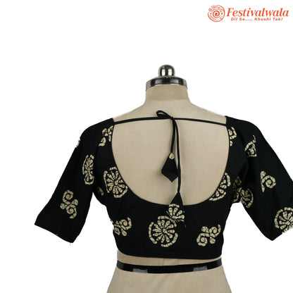 Handmade Ethnic Ajrakh Print Black and Cream Color Blouse Design For Sarees by Festivalwala