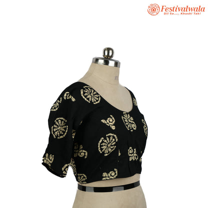 Handmade Ethnic Ajrakh Print Black and Cream Color Blouse Design For Sarees by Festivalwala