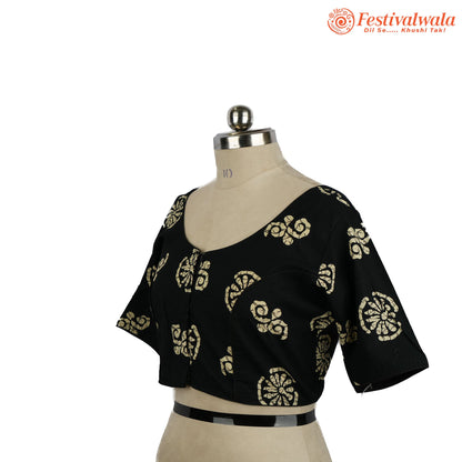 Handmade Ethnic Ajrakh Print Black and Cream Color Blouse Design For Sarees by Festivalwala
