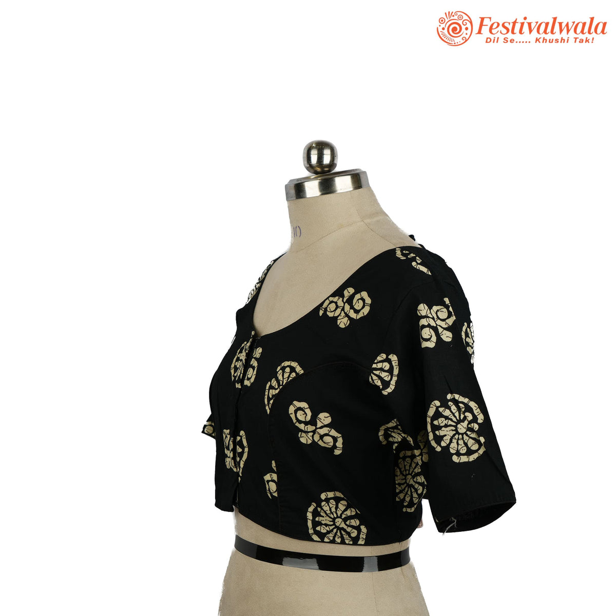 Handmade Ethnic Ajrakh Print Black and Cream Color Blouse Design For Sarees by Festivalwala