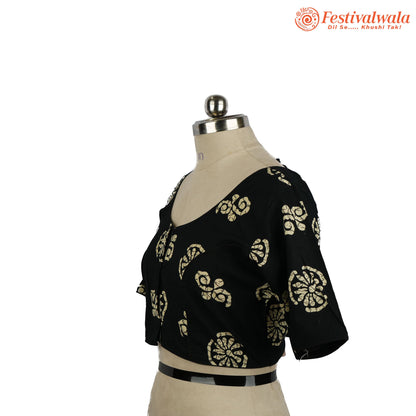 Handmade Ethnic Ajrakh Print Black and Cream Color Blouse Design For Sarees by Festivalwala
