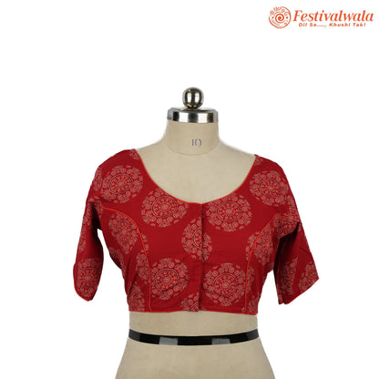 Handmade Ethnic Ajrakh Print Red and White Color Blouse Design For Sarees by Festivalwala