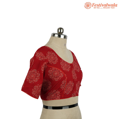 Handmade Ethnic Ajrakh Print Red and White Color Blouse Design For Sarees by Festivalwala