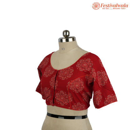 Handmade Ethnic Ajrakh Print Red and White Color Blouse Design For Sarees by Festivalwala