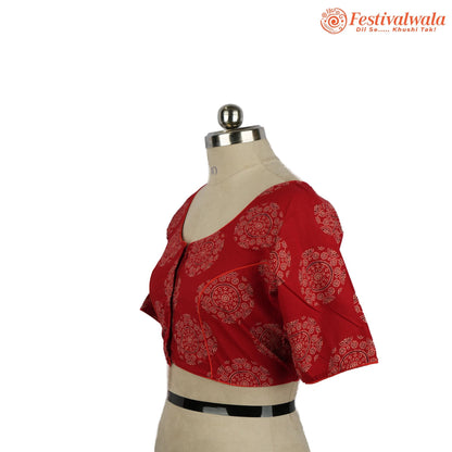 Handmade Ethnic Ajrakh Print Red and White Color Blouse Design For Sarees by Festivalwala