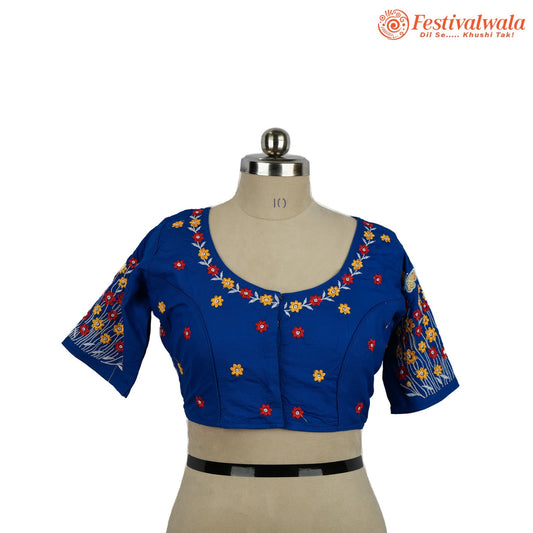 Handmade Ethnic Kantha Embroidered Blue Color Blouse Design For Sarees by Festivalwala