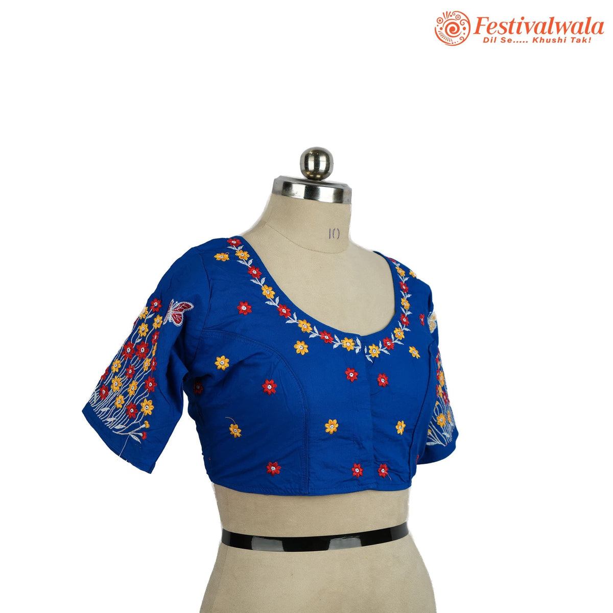Handmade Ethnic Kantha Embroidered Blue Color Blouse Design For Sarees by Festivalwala