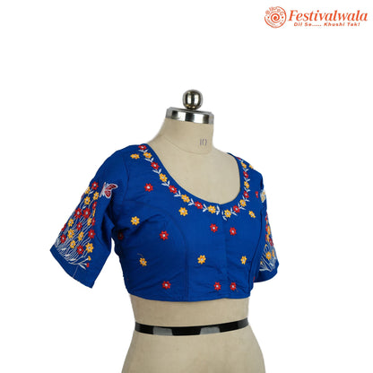Handmade Ethnic Kantha Embroidered Blue Color Blouse Design For Sarees by Festivalwala