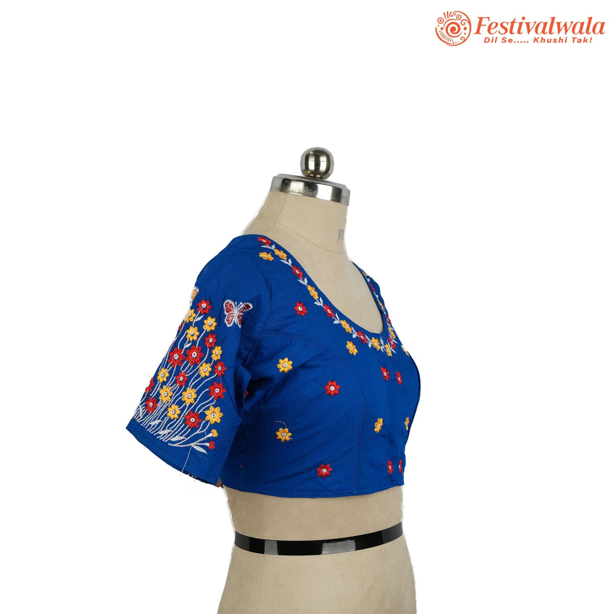 Handmade Ethnic Kantha Embroidered Blue Color Blouse Design For Sarees by Festivalwala