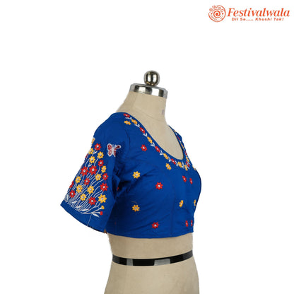 Handmade Ethnic Kantha Embroidered Blue Color Blouse Design For Sarees by Festivalwala