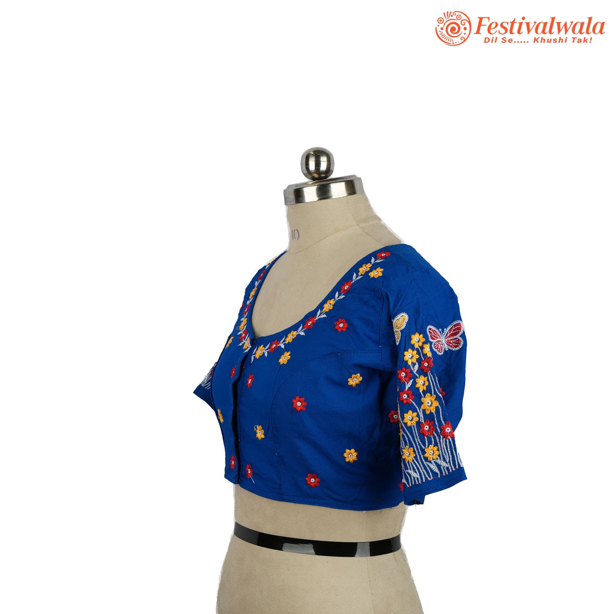 Handmade Ethnic Kantha Embroidered Blue Color Blouse Design For Sarees by Festivalwala