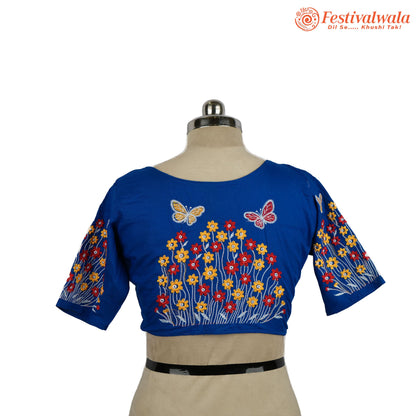 Handmade Ethnic Kantha Embroidered Blue Color Blouse Design For Sarees by Festivalwala