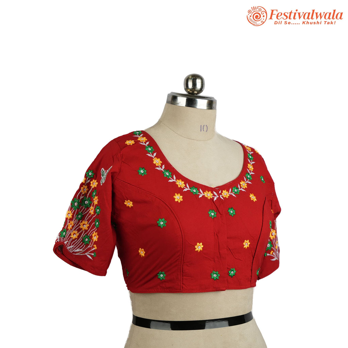 Handmade Ethnic Kantha Embroidered Red Color Blouse Design For Sarees by Festivalwala