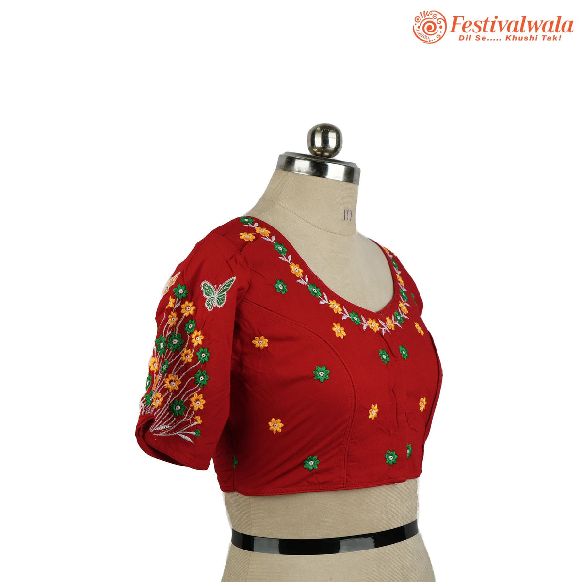 Handmade Ethnic Kantha Embroidered Red Color Blouse Design For Sarees by Festivalwala