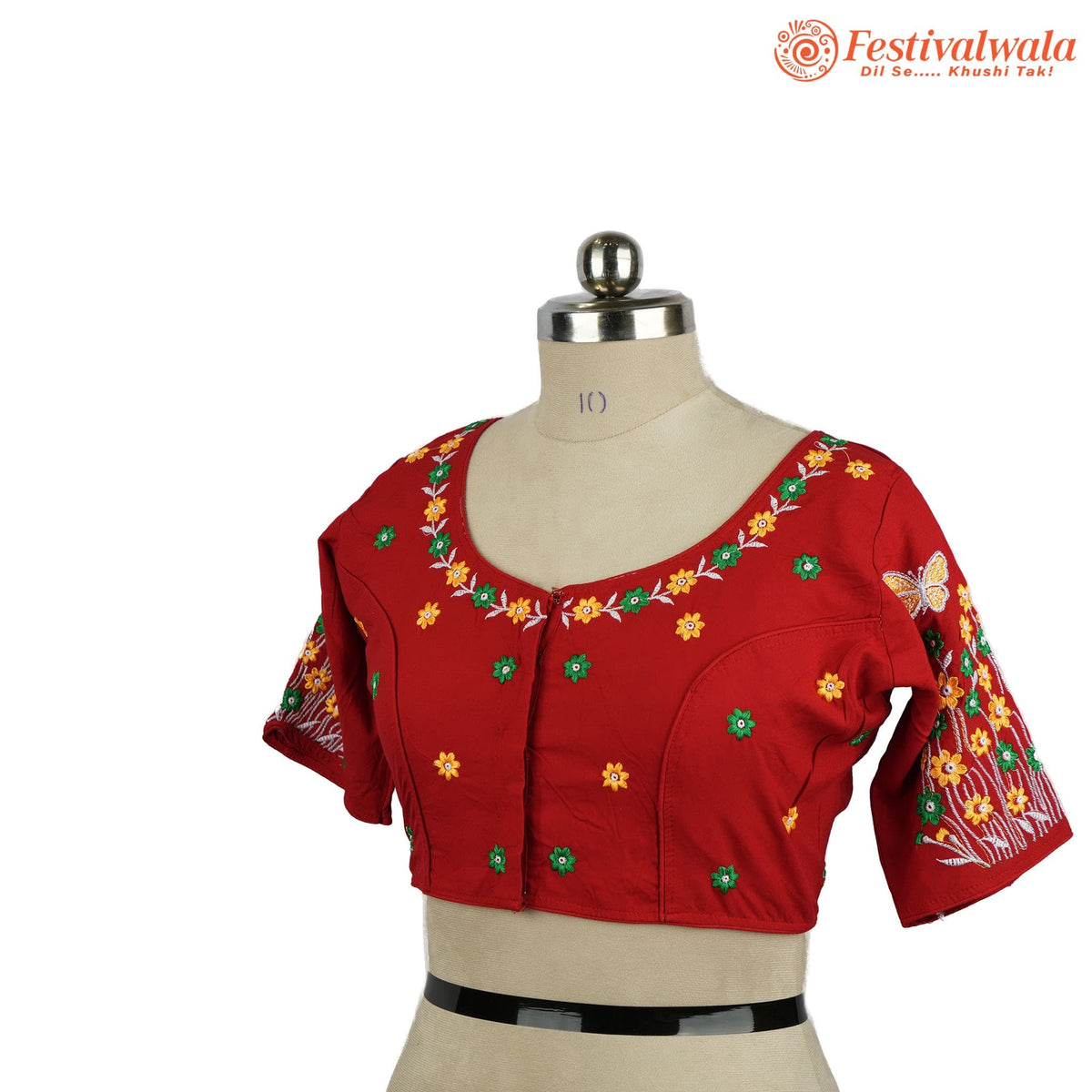 Handmade Ethnic Kantha Embroidered Red Color Blouse Design For Sarees by Festivalwala
