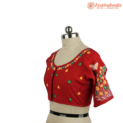 Handmade Ethnic Kantha Embroidered Red Color Blouse Design For Sarees by Festivalwala