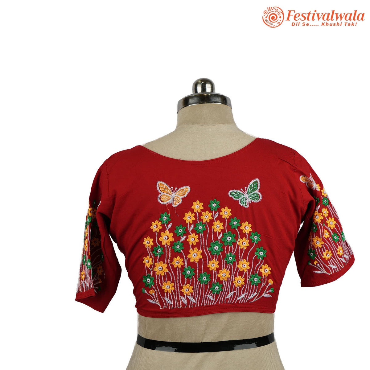 Handmade Ethnic Kantha Embroidered Red Color Blouse Design For Sarees by Festivalwala