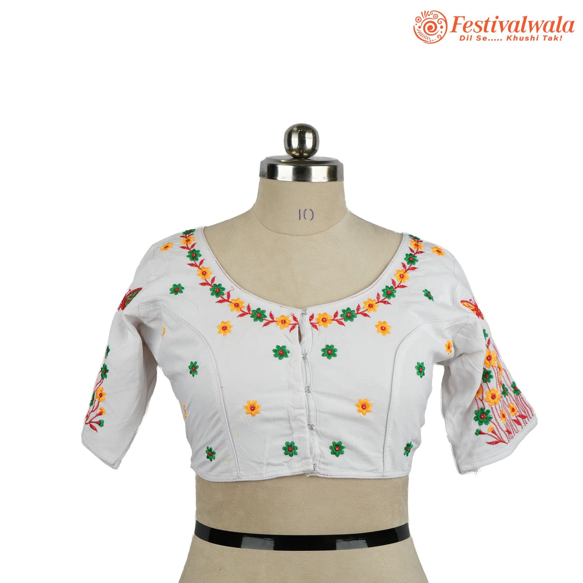 Handmade Ethnic Kantha Embroidered White Color Blouse Design For Sarees by Festivalwala