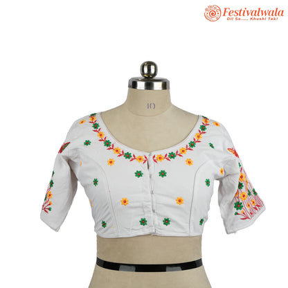 Handmade Ethnic Kantha Embroidered White Color Blouse Design For Sarees by Festivalwala