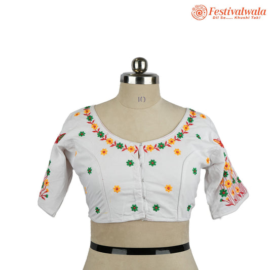 Handmade Ethnic Kantha Embroidered White Color Blouse Design For Sarees by Festivalwala