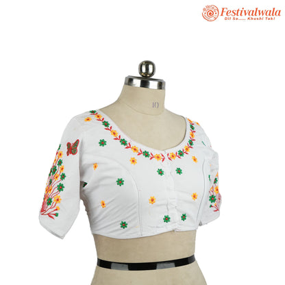 Handmade Ethnic Kantha Embroidered White Color Blouse Design For Sarees by Festivalwala