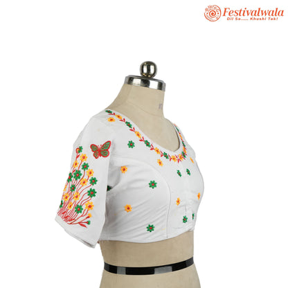 Handmade Ethnic Kantha Embroidered White Color Blouse Design For Sarees by Festivalwala