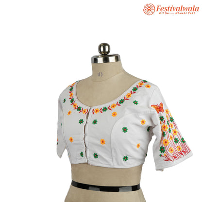 Handmade Ethnic Kantha Embroidered White Color Blouse Design For Sarees by Festivalwala