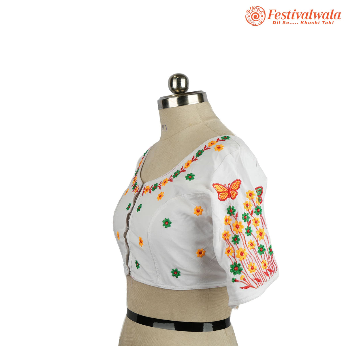 Handmade Ethnic Kantha Embroidered White Color Blouse Design For Sarees by Festivalwala
