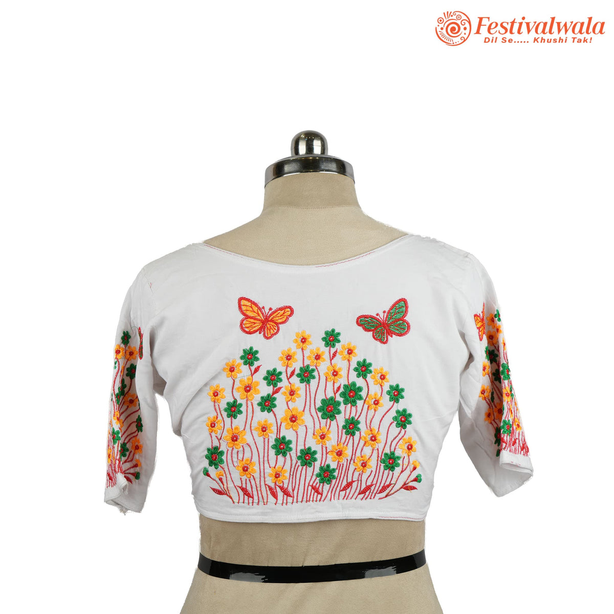 Handmade Ethnic Kantha Embroidered White Color Blouse Design For Sarees by Festivalwala