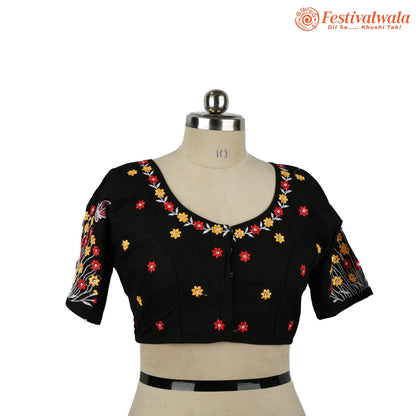 Handmade Ethnic Kantha Embroidered Black Color Blouse Design For Sarees by Festivalwala