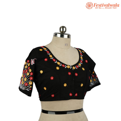 Handmade Ethnic Kantha Embroidered Black Color Blouse Design For Sarees by Festivalwala