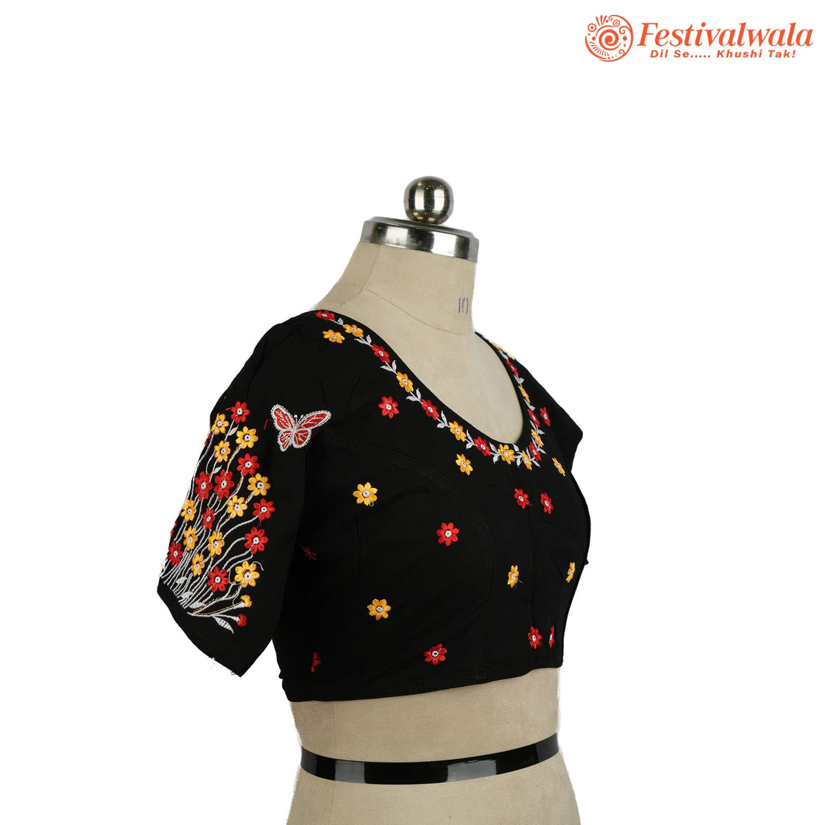 Handmade Ethnic Kantha Embroidered Black Color Blouse Design For Sarees by Festivalwala