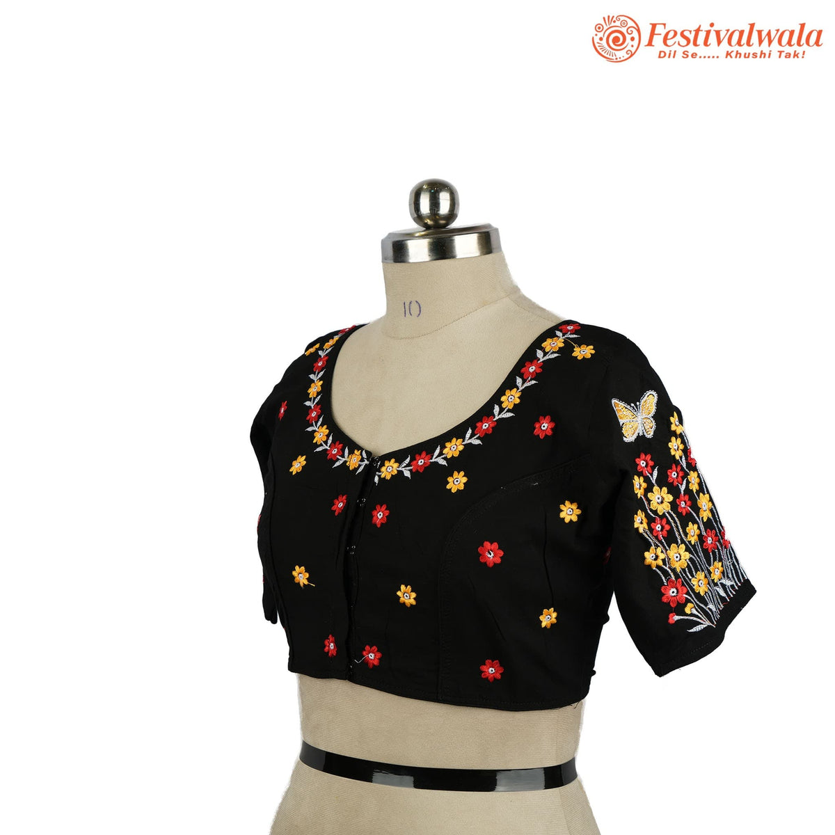Handmade Ethnic Kantha Embroidered Black Color Blouse Design For Sarees by Festivalwala