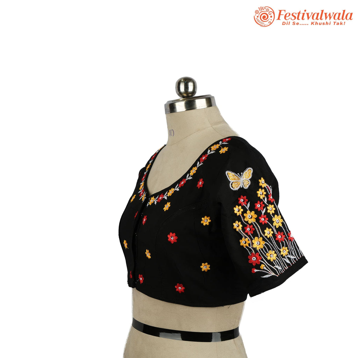 Handmade Ethnic Kantha Embroidered Black Color Blouse Design For Sarees by Festivalwala