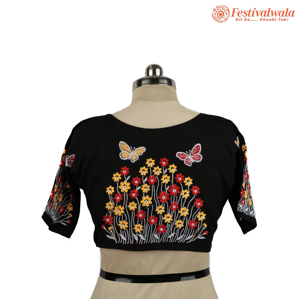 Handmade Ethnic Kantha Embroidered Black Color Blouse Design For Sarees by Festivalwala